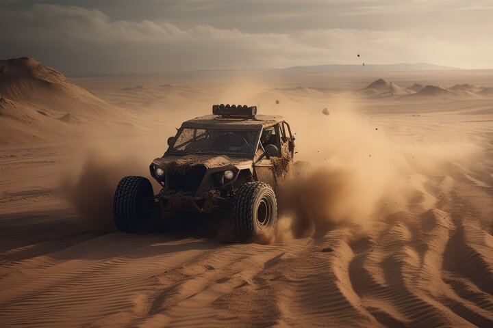 Experience the desert landscape firsthand as you navigate the vast dunes in your self-drive Polaris buggy leaving trails of excitement in the sandy horizon. Adventure awaits!